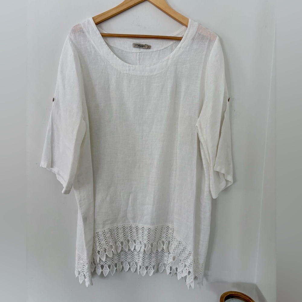 LUNGO L’ARNO White 100% Linen Tunic Top Crochet Lace Trim Round Neck Beach Italy